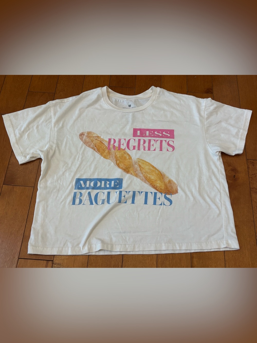 Less Regrets More Baguettes Womens Medium Cropped Tee T-Shirt Goodie Two Sleeves